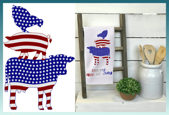 Cow Pig Chicken Trio USA Flag July 4th